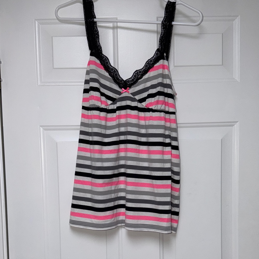 Xhilaration Pink, Gray & Black Striped Lace Trim Cami